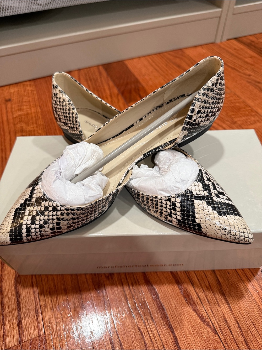 Marc Fisher Black & White Snake-Print Pointed Flats